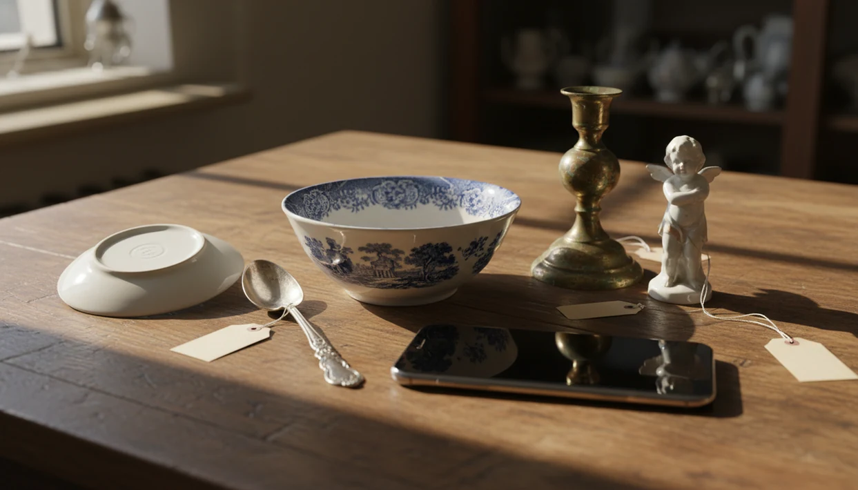 A smartphone rests beside antique ceramics, silver, and brass objects on a shop worktable.