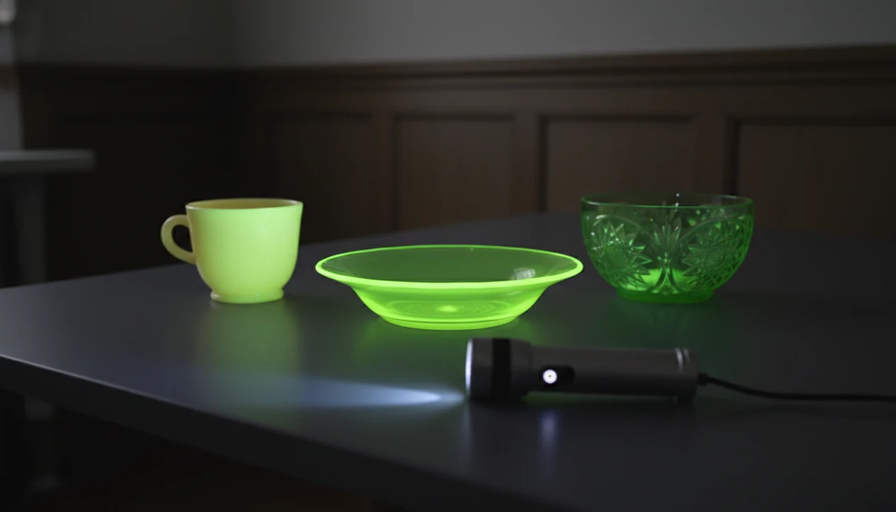 Vintage uranium glass pieces glowing bright green under a UV flashlight on a dark tabletop.
