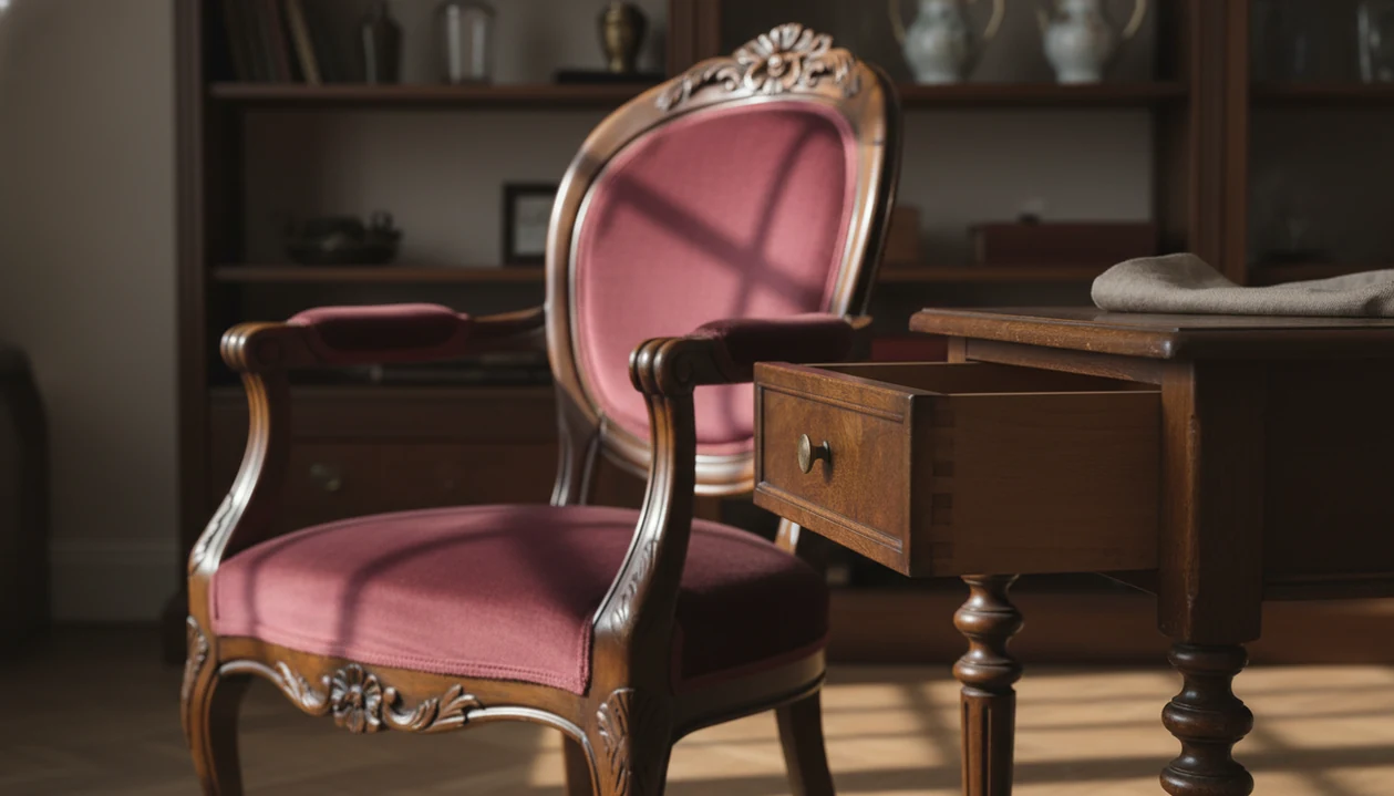 An ornate Victorian chair and open drawer show carving, upholstery, wood finish, and joinery clues.