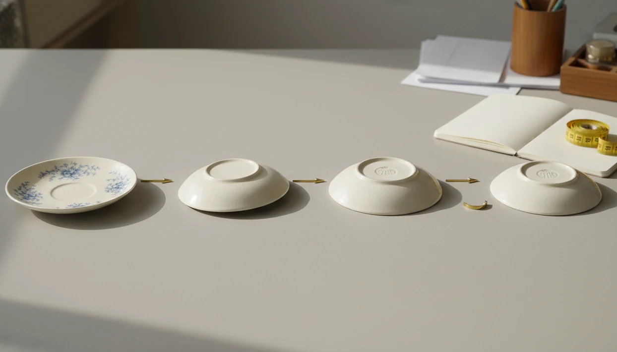A vintage saucer is shown from several angles to demonstrate useful identification photos.