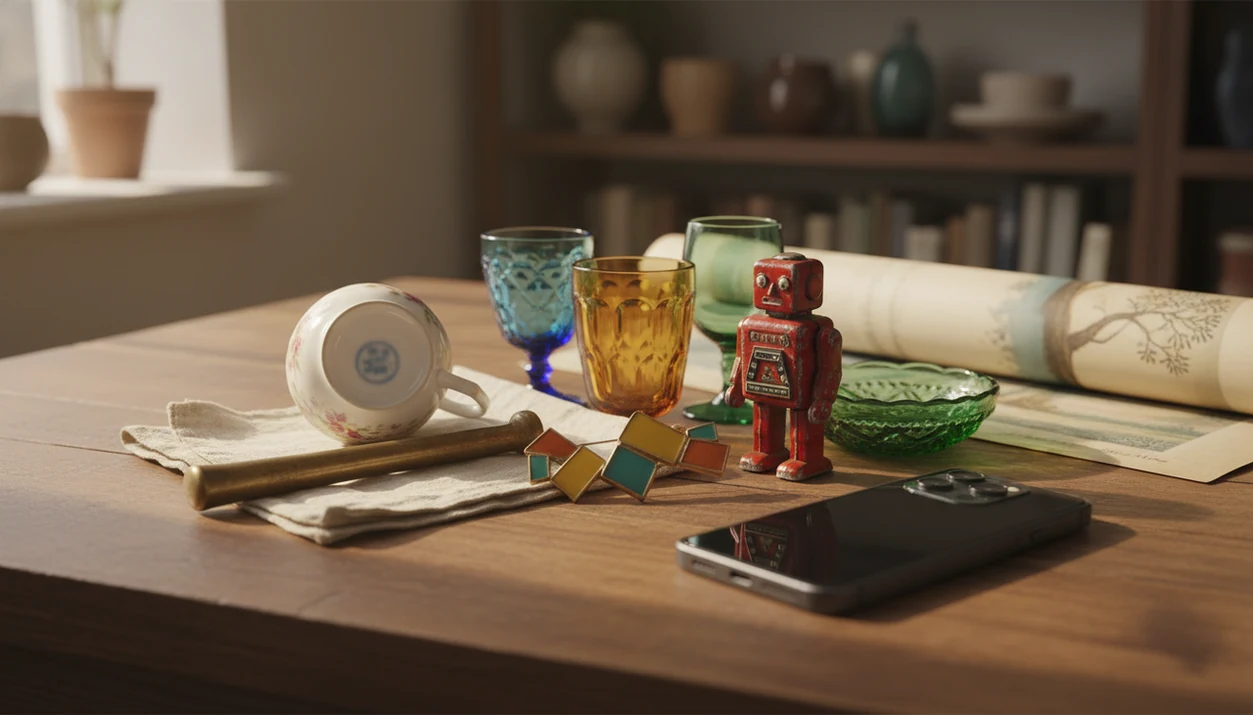 A smartphone rests beside mixed vintage finds on a wooden table ready for identification.