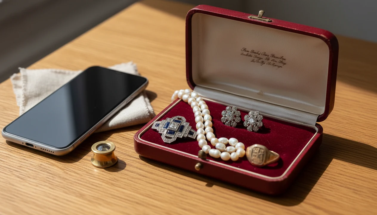 Vintage brooches, rings, and pearls sit beside a smartphone and loupe on a wooden table.