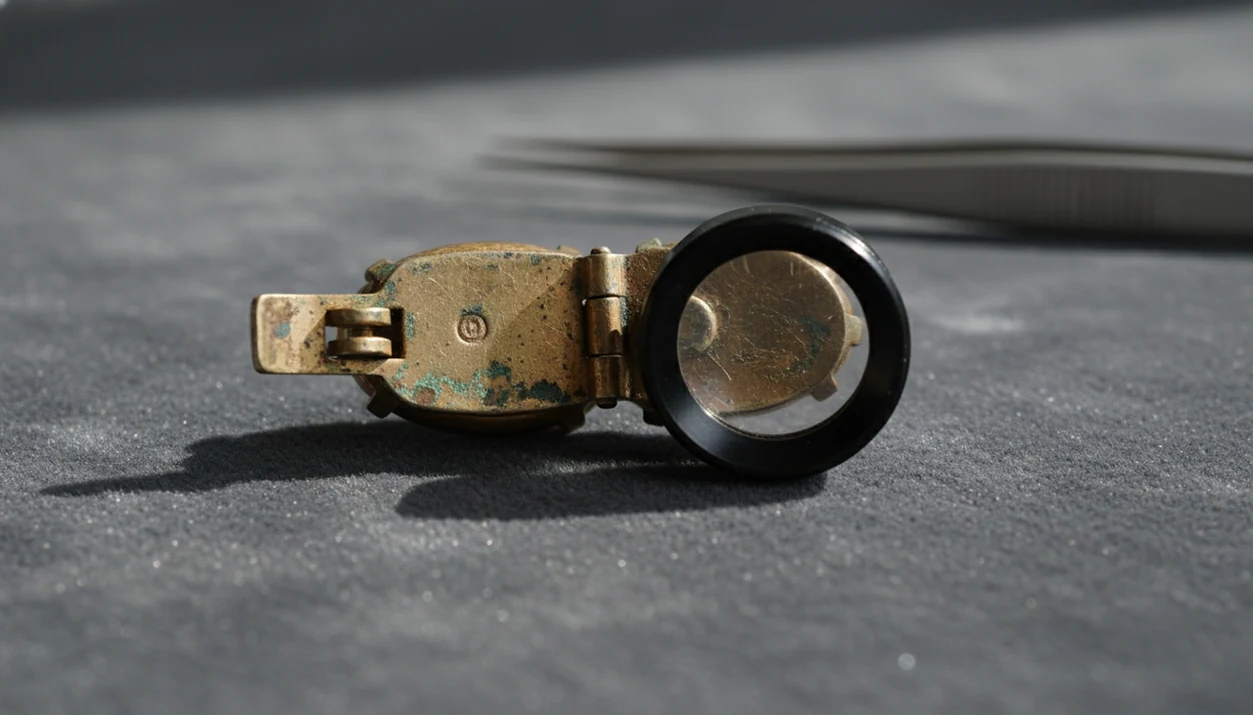 A macro view shows a worn vintage jewelry clasp and hallmark area under a jeweler’s loupe.