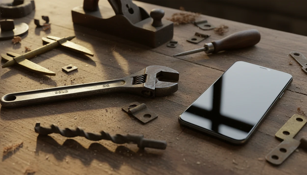 Vintage hand tools and workshop hardware arranged beside a smartphone on a worn wooden bench.