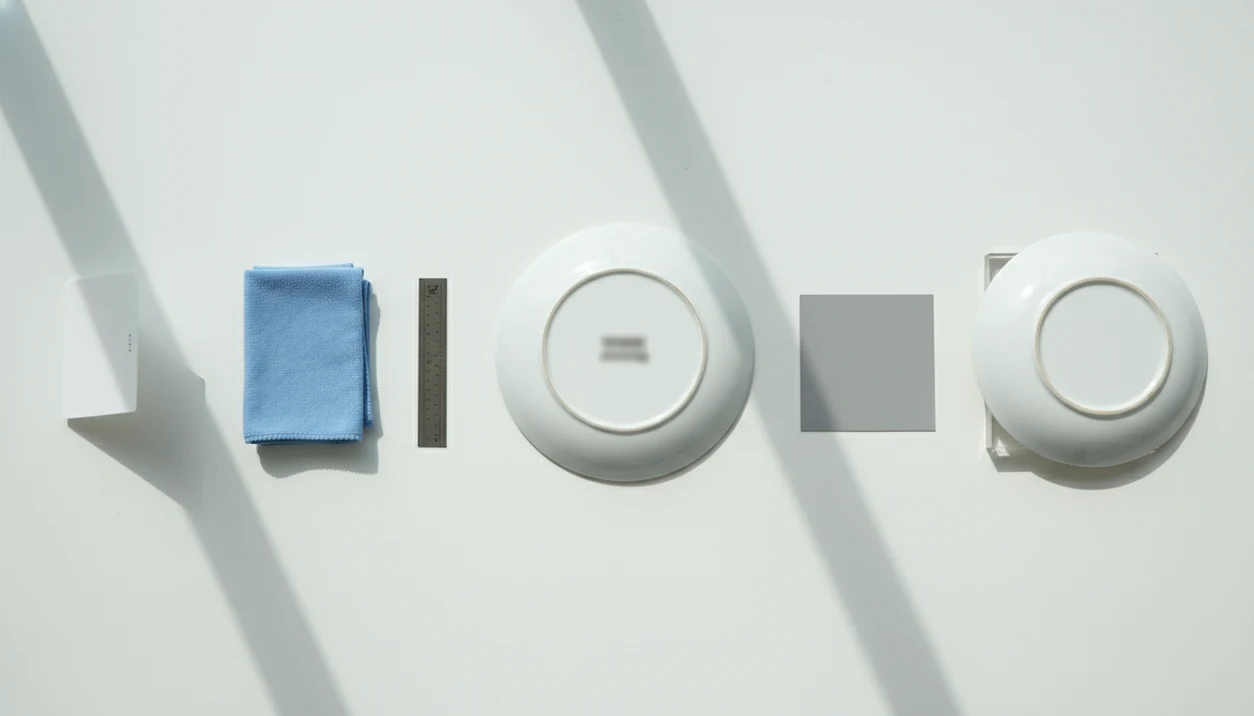 A top-down photo setup shows a porcelain plate, lighting card, cloth, ruler, and angle examples.