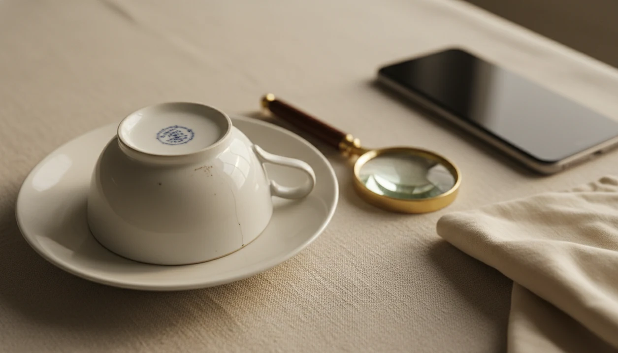 An upside-down porcelain teacup shows a worn backstamp beside a phone and magnifying glass.
