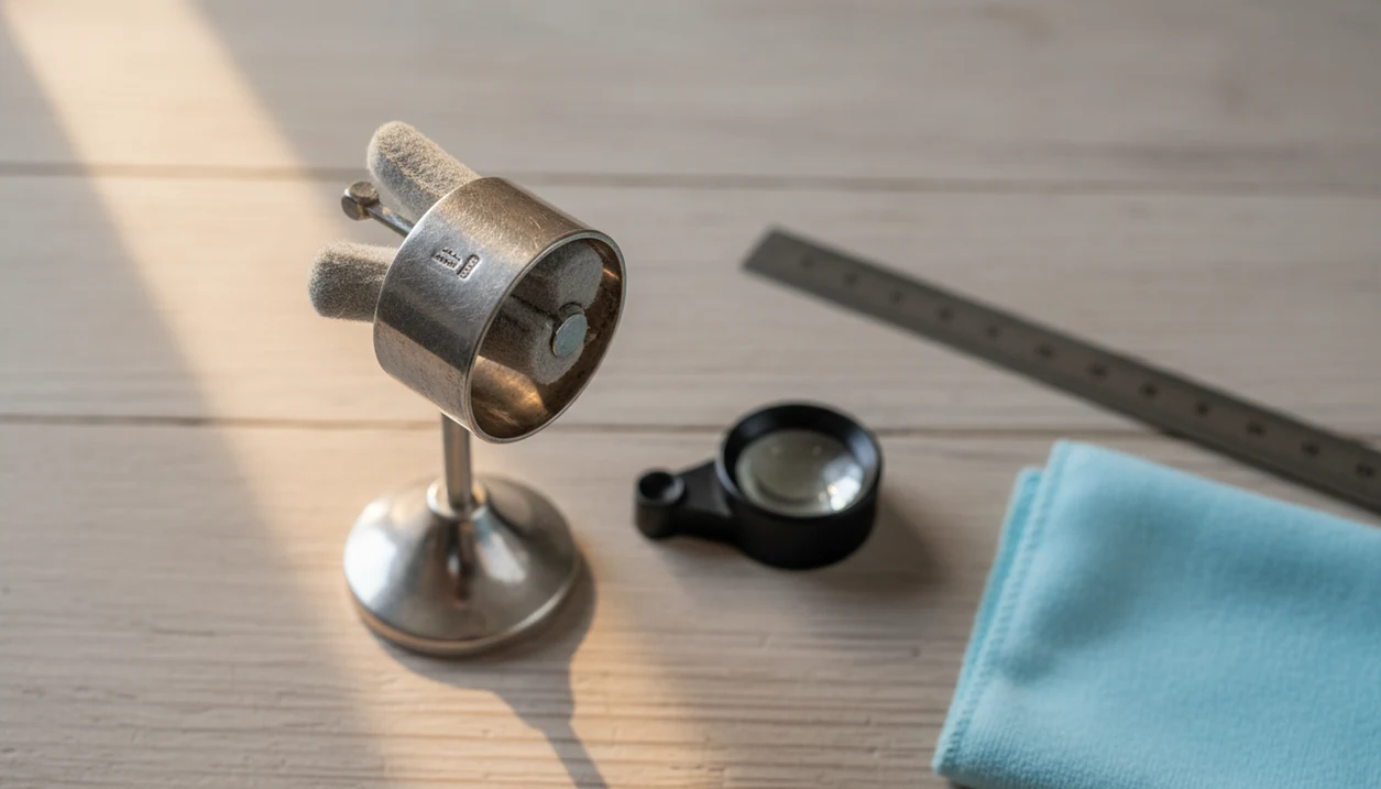A worn silver napkin ring is lit from the side on a workbench with a loupe, cloth, and ruler nearby.
