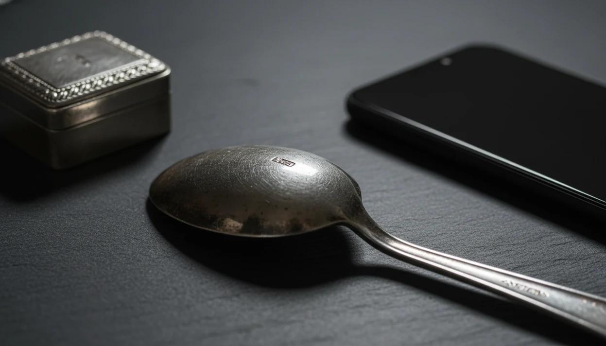 A close-up of tarnished silver pieces with tiny hallmarks beside a blank smartphone on a dark work surface.