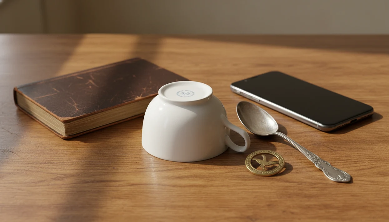Vintage objects and a blank smartphone arranged on a table for photo identification research.