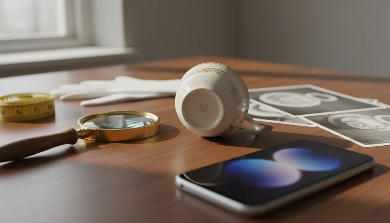 An antique teacup is examined with a magnifying glass, photos, measuring tape, and a phone nearby.