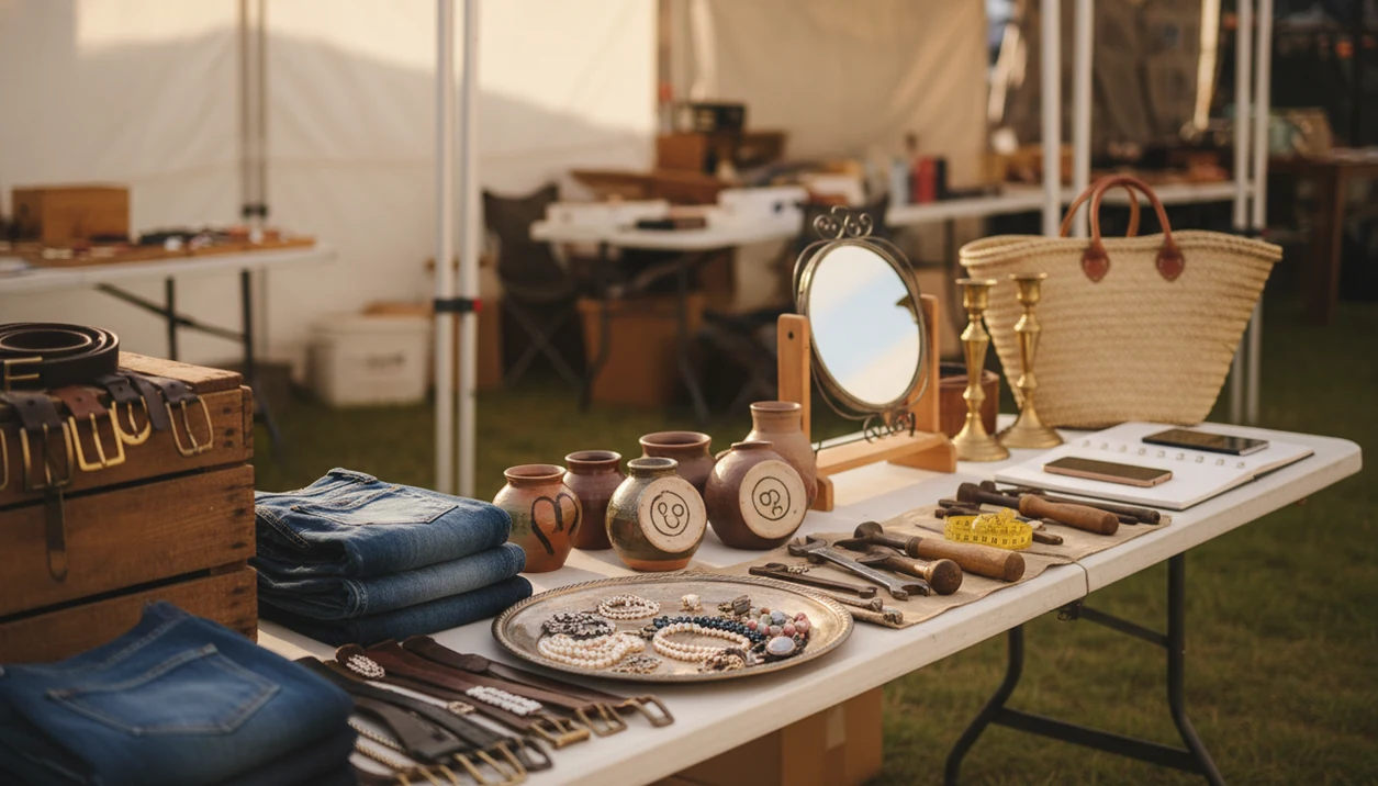 A flea market table displays vintage clothing, jewelry, tools, pottery, and small decor for sale.