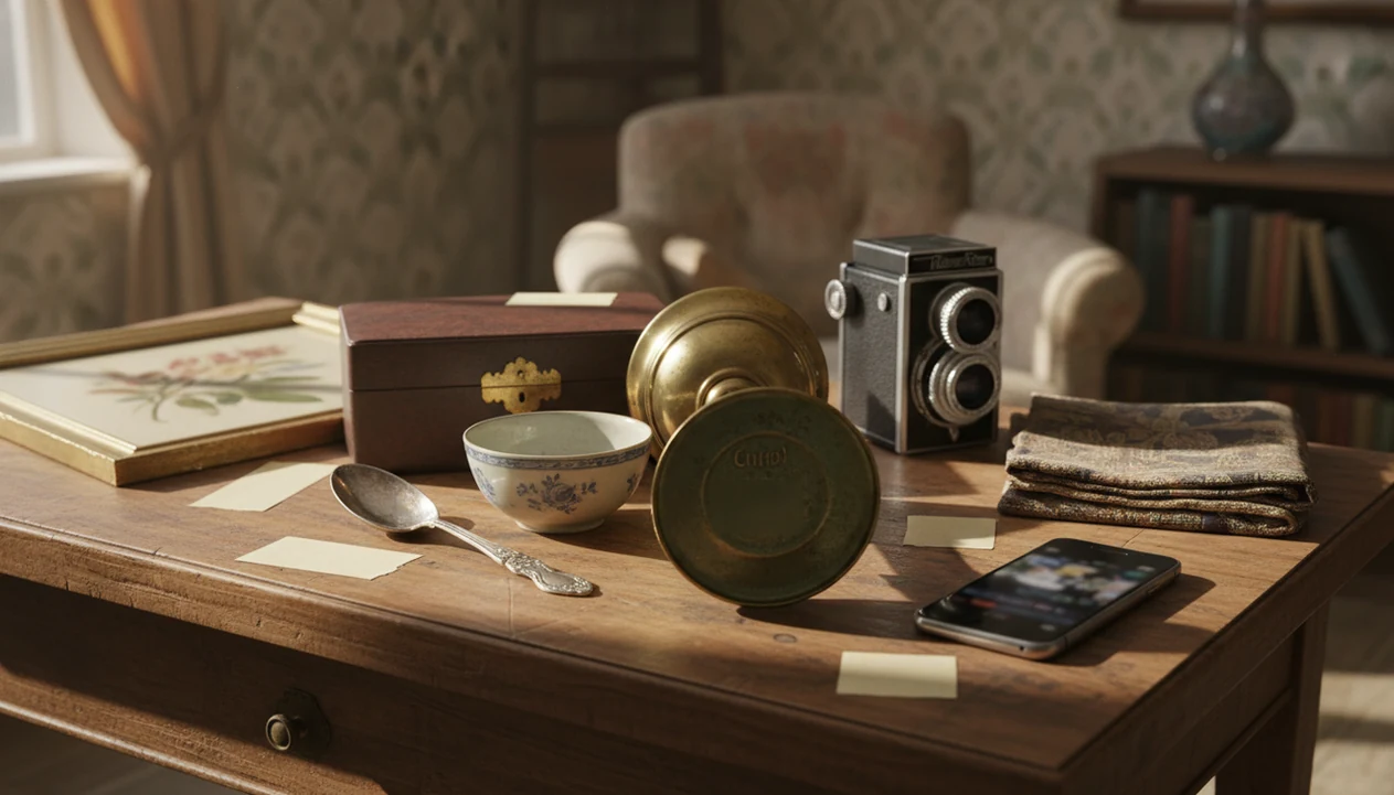 Estate sale table with marked vintage objects, price tags, and a phone ready for quick identification.