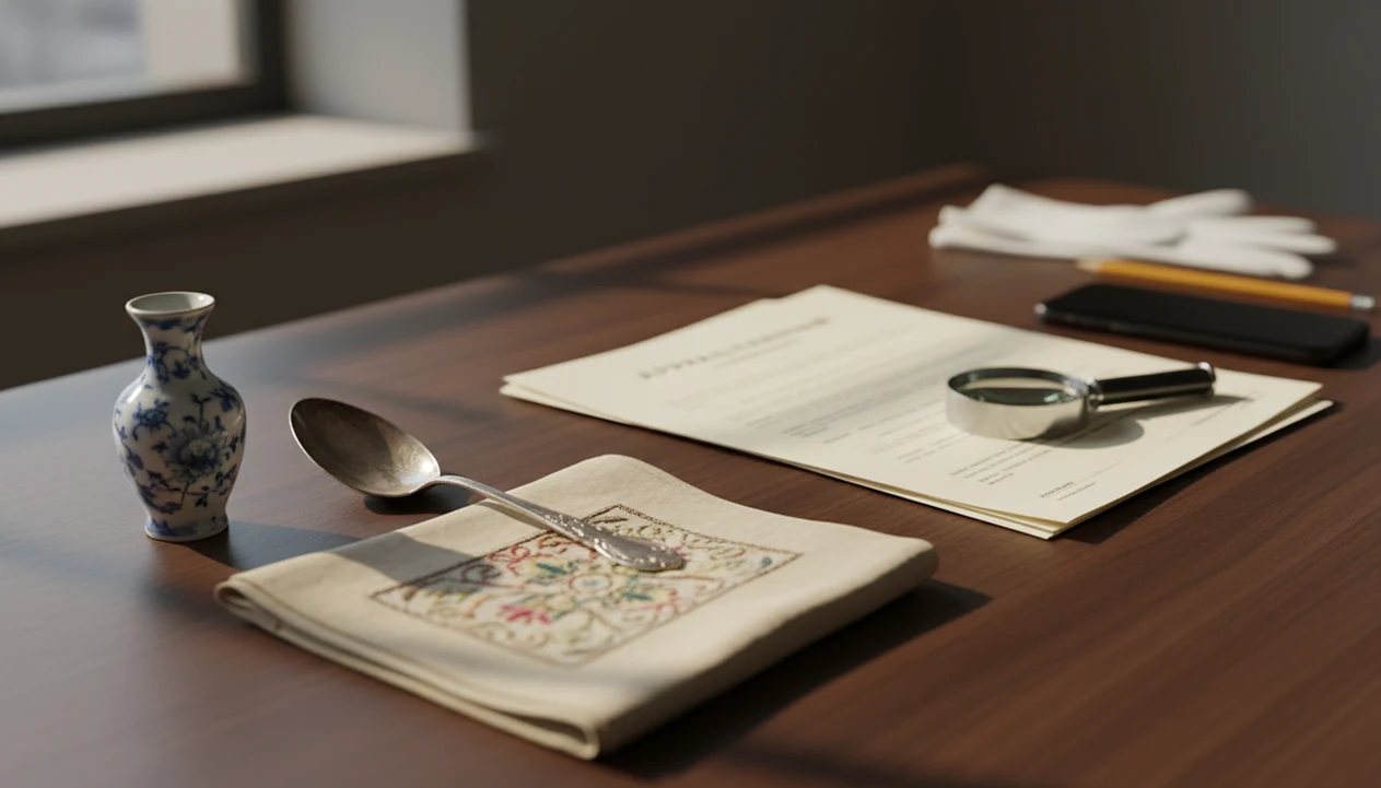 Antique objects sit beside appraisal papers, a loupe, gloves, and a face-down phone on a desk.