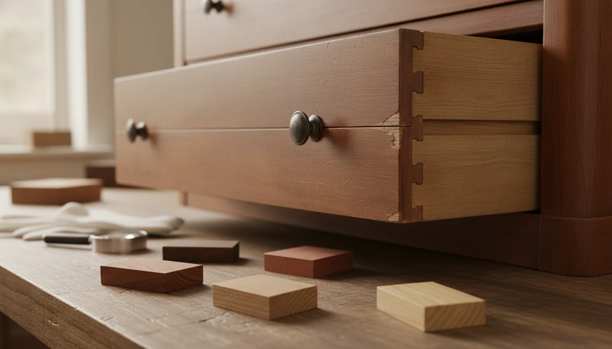 Antique drawer corner with exposed grain, dovetails, veneer seam, and wood samples on a workbench.
